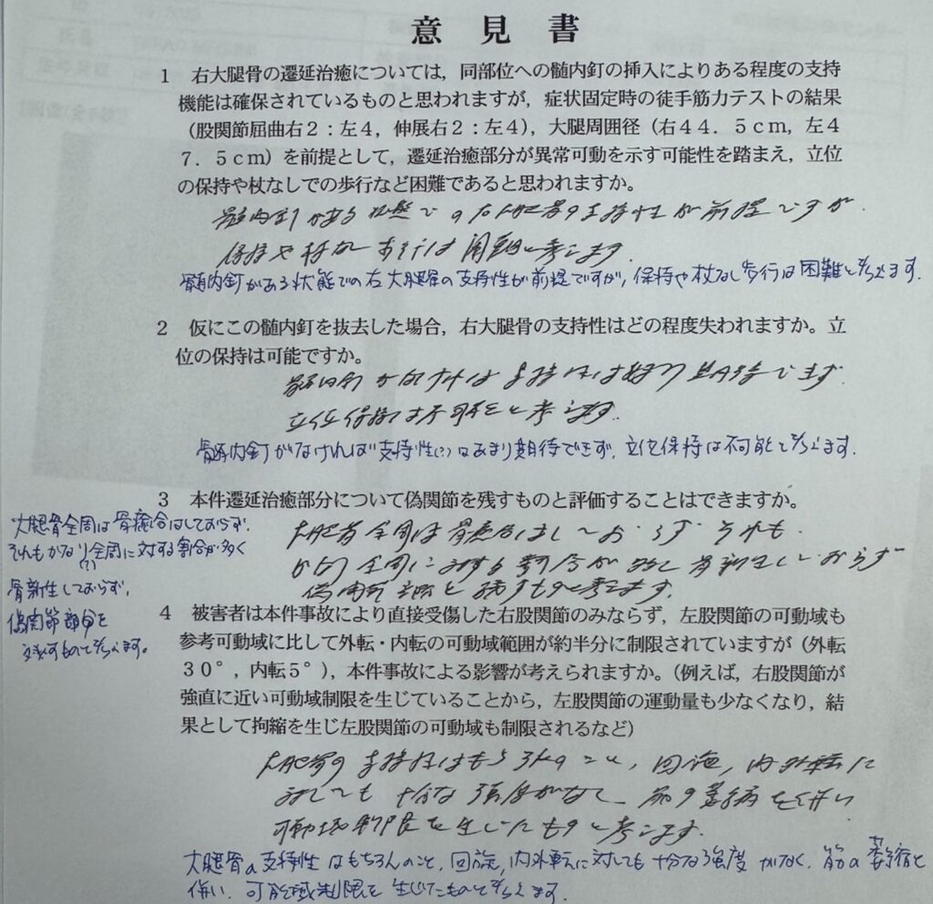 「大腿骨の骨幹部にゆ合不全を残すもの」に該当し関節を残すもの（第8級9号）にあたる。」と主張し紛争処理機構への調停申し立てを行いました　適切な後遺障害等級を獲得するために手間を惜しみません